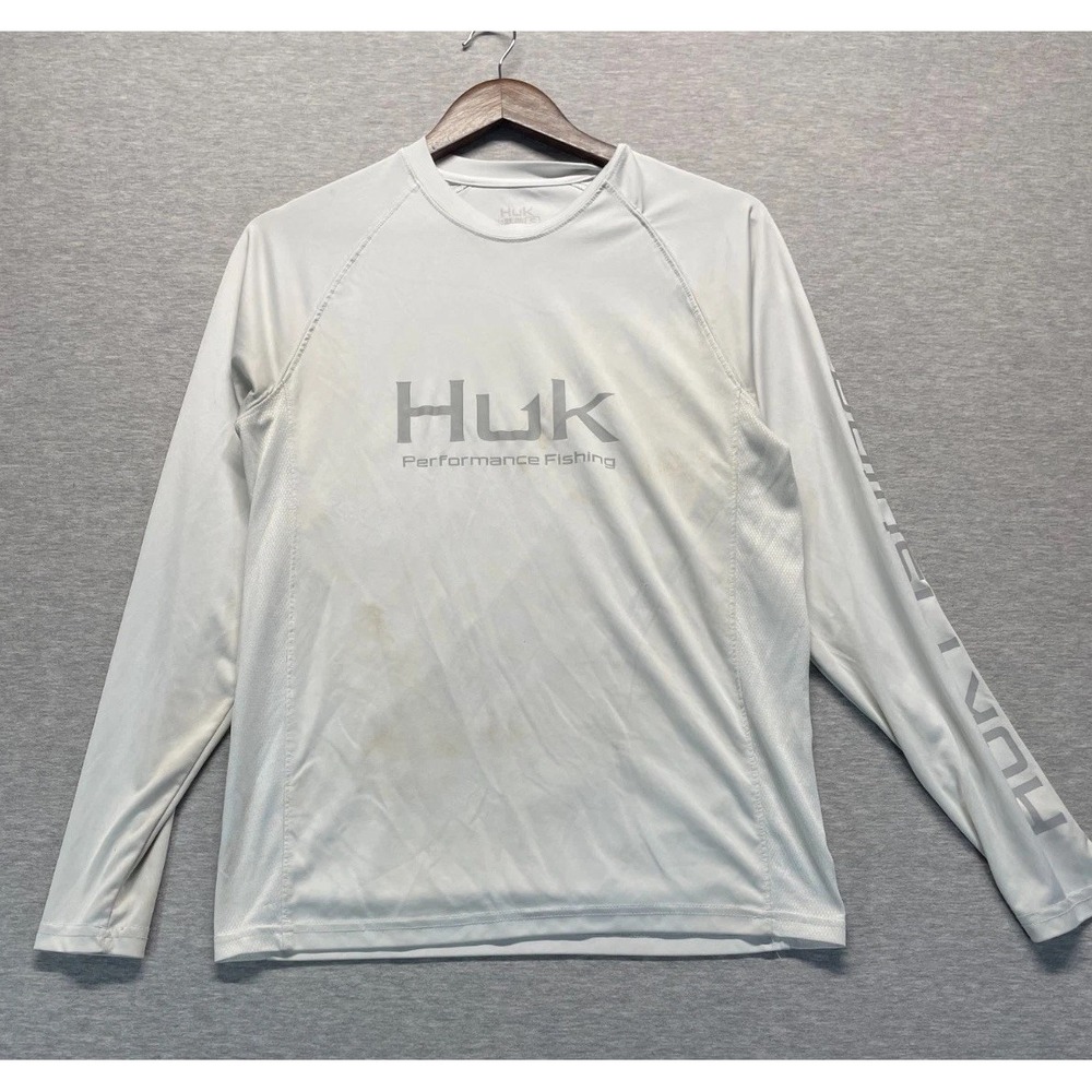 Huk Pursuit Performance Fishing Shirt Mens S Light Gray Graphic Logo Mesh Panel